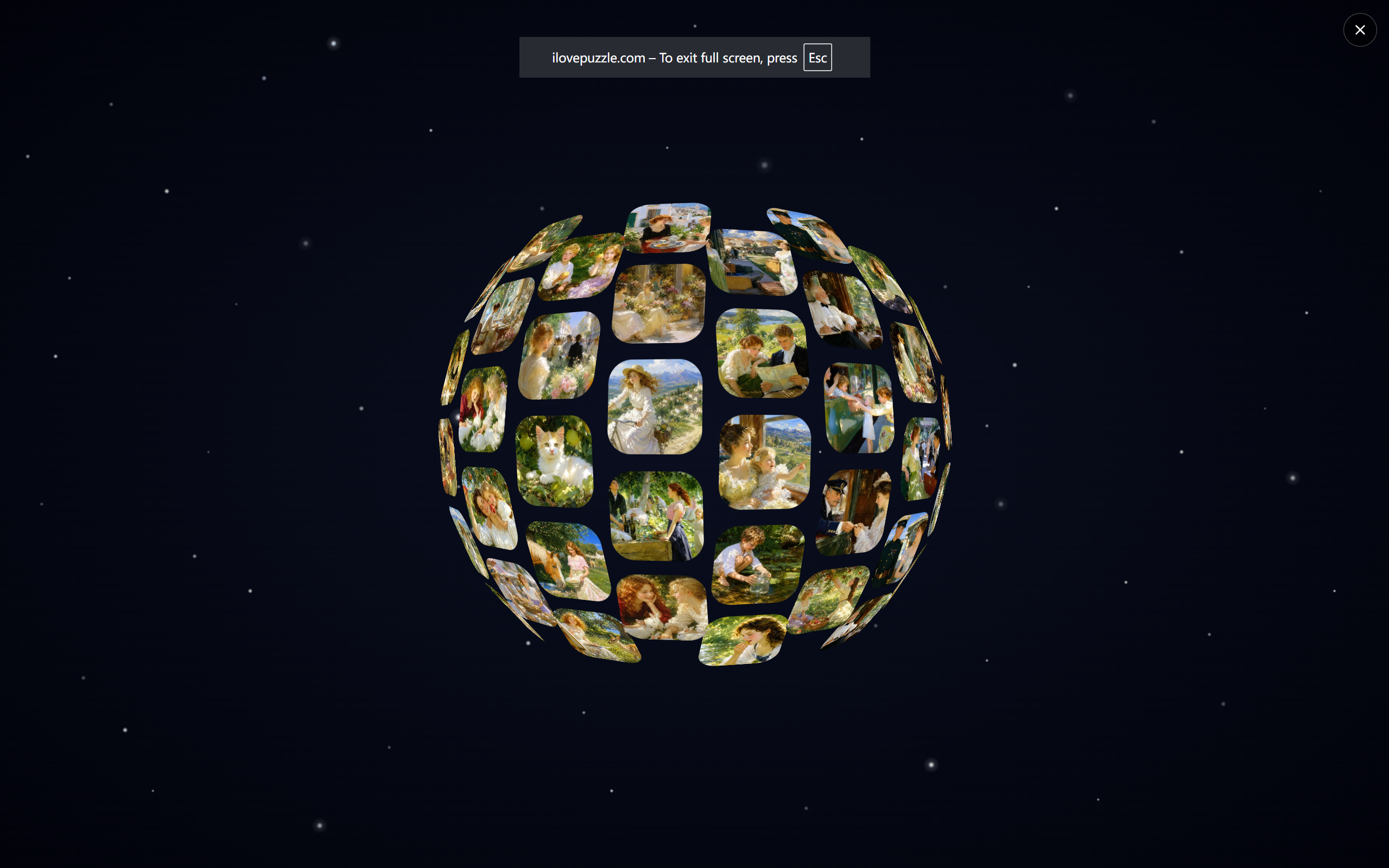 The Puzzle Planet in fullscreen mode, the sphere of puzzles against a starfield background