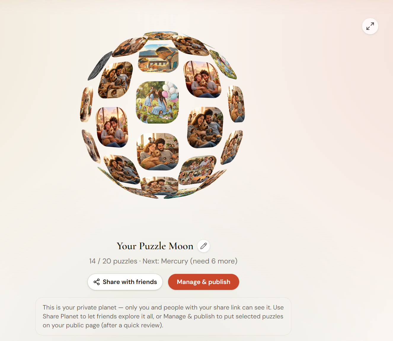 Your private Puzzle Planet on the My Planet page, with the Share with friends and Manage and publish buttons below the sphere