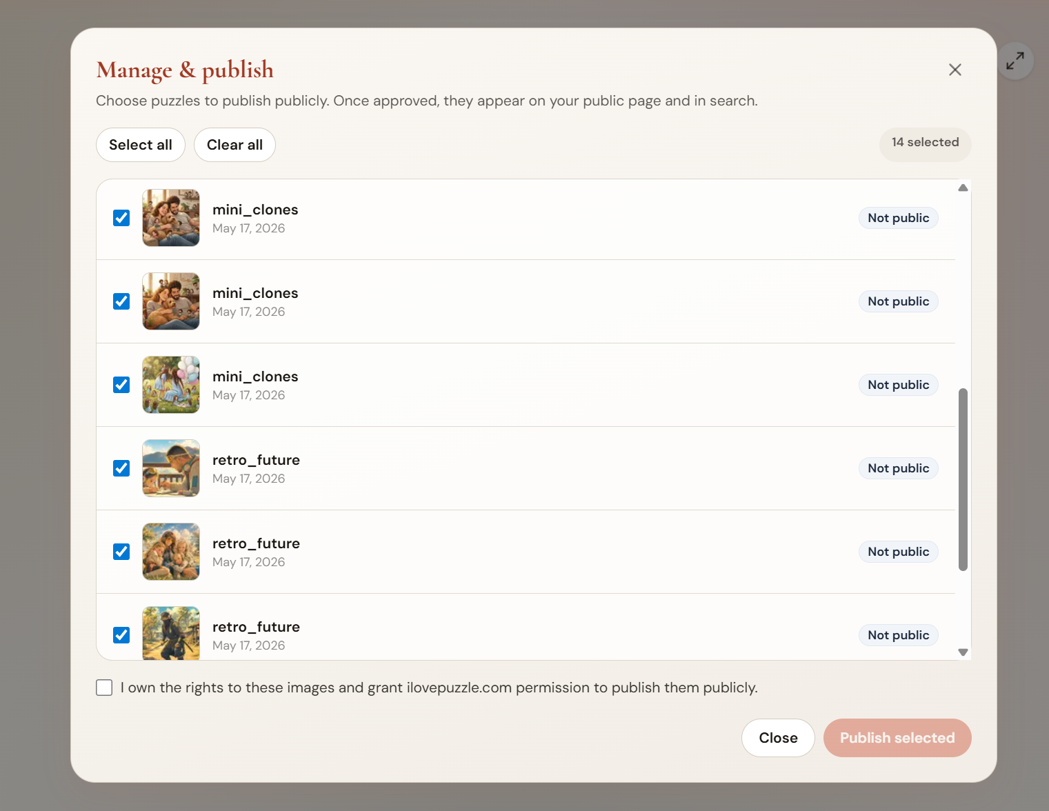 The Manage and publish window, showing saved puzzles with checkboxes to select which ones to publish