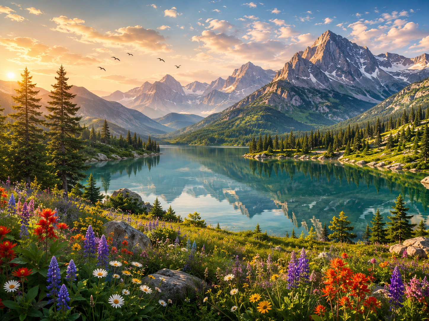 Scenic mountain landscape with a lake, a classic jigsaw puzzle theme